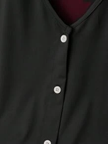 SHEIN Clasi 大码女式春夏套装，含酒红色短袖上衣、纽扣领夹克和碎花裙，休闲优雅复古浪漫假日/通勤风格 - 黑色 - 查看 5