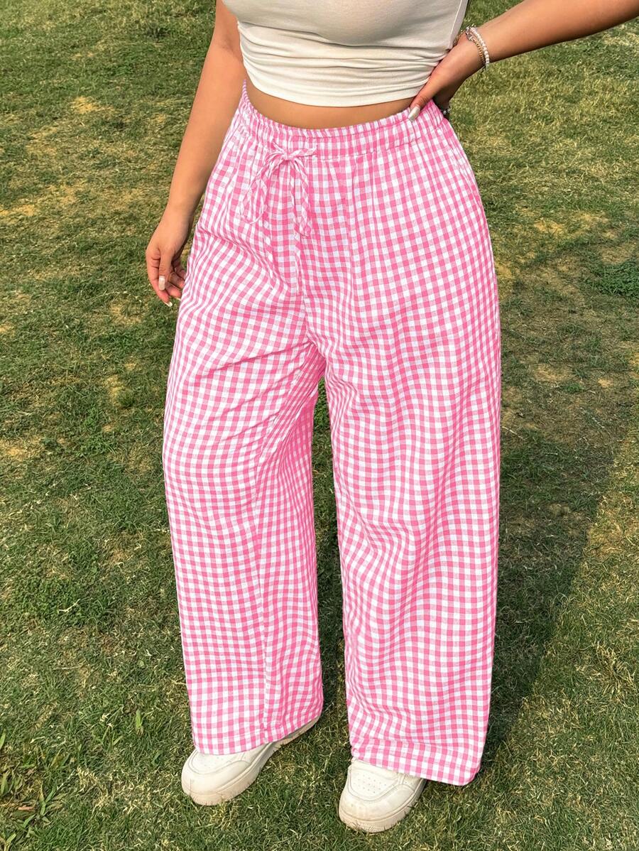 SHEIN EZwear 情人节，大码格子松紧腰宽松休闲裤 - 粉色 - 查看 1