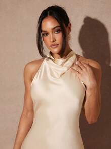 Silquee 女士款式纯色黑色缎面日期成熟不对称不对称扭纹长裙，适合约会、日常外出、圣诞派对、新年派对 - 杏色 - 查看 3