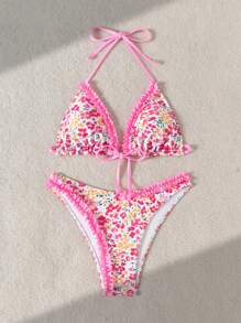 Swim Mod 2pcs/Set Women's Floral Print Halter Neck Backless Top And Ruffle Trim Pink Bikini Bottoms Beach Swimsuit Set For Summer Beach Vacation - Multicolor - View 4
