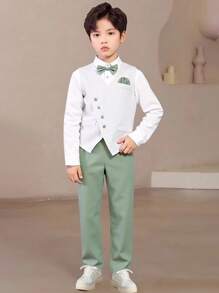 Set de 2 vestă elegantă, la modă, casual, pentru băieți preadolescenti, include vestă albă neregulată + cămașă albă cu mânecă lungă + pantaloni lungi verzi