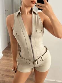 SHEIN ICON Summer Halter Women's Solid Color Zipper Front Sleeveless Jumpsuit Romper - Apricot - View 5