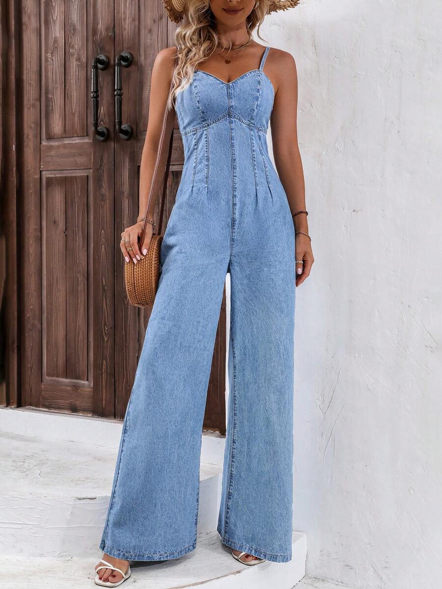 SHEIN Frenchy 女式宽松休闲褶皱阔腿牛仔连体裤 - 中等水洗藍 - 查看 1