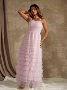 Flirla Plus Size Elegant Solid Color Mesh Maxi Slip Dress, Summer - Pink - View 4