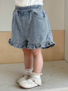 Dazy Kids Baby Girl Washed Casual Ruffle Trim Light Color Denim Shorts, Summer