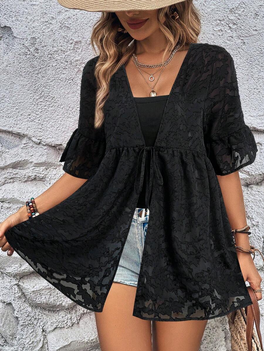 SHEIN LUNE Women Lace Black Short Sleeve Blouse Black Beach Cover Up Lace Kimono Black Summer Top Black Cover Up Black Bathing Suit Cover Up - Black - View 1