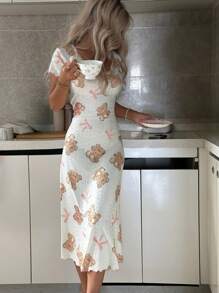 SHEIN Jacquard Knit Cartoon Bear Pattern Women Nightgown - White - View 5