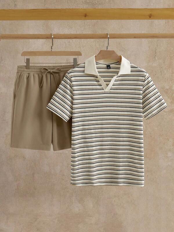 HIMLAND Set da 2 pezzi, camicia polo a righe a maniche corte e pantaloncini tinta unita per uomo, completo polo
