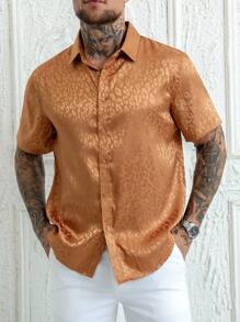 Manfinity AFTRDRK Men's Short Sleeve Jacquard Dress Shirt, Silk-Like Texture Men Cheetah Shirt Men S Cheetah Shirt Apricot Shirt For Men Men S Apricot Shirt Animal Print Men Shirt
