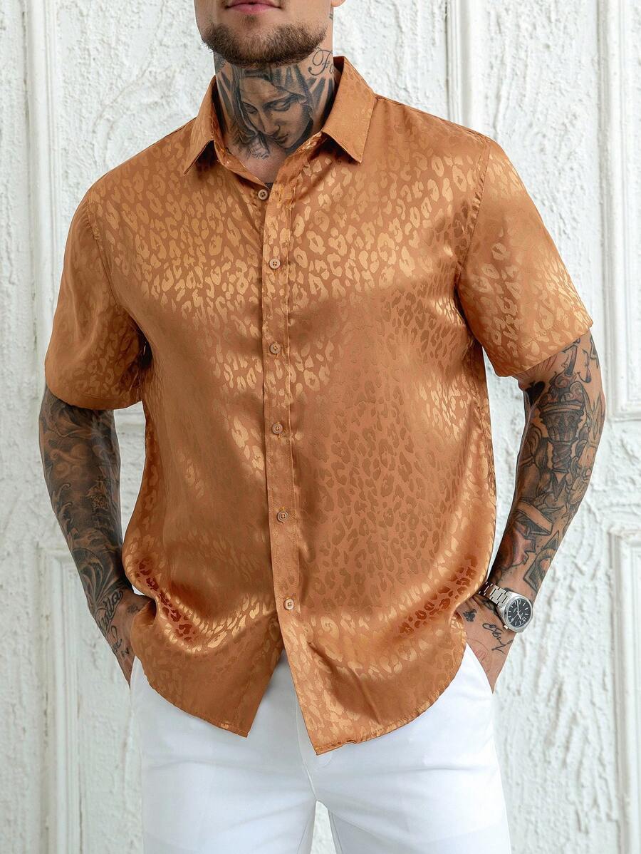 Manfinity AFTRDRK Men's Short Sleeve Jacquard Dress Shirt, Silk-Like Texture Men Cheetah Shirt Men S Cheetah Shirt Apricot Shirt For Men Men S Apricot Shirt Animal Print Men Shirt