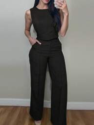 INAWLY Women's Solid Color Camisole & Pants 2 Pieces Set, Casual For Spring & Summer