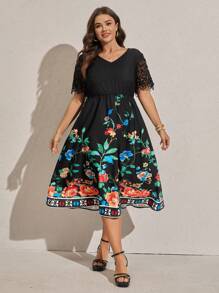 SHEIN LUNE Plus Size Women Floral Prints Patched Lace Short Sleeve Loose Summer Dress - Multicolor - View 7