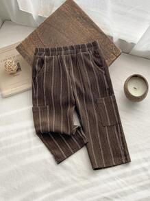 SHEIN Vintaside Kids 男婴条纹裤，百搭舒适，适合任何季节，可搭配任何款式的上衣 - 咖啡棕 - 查看 1
