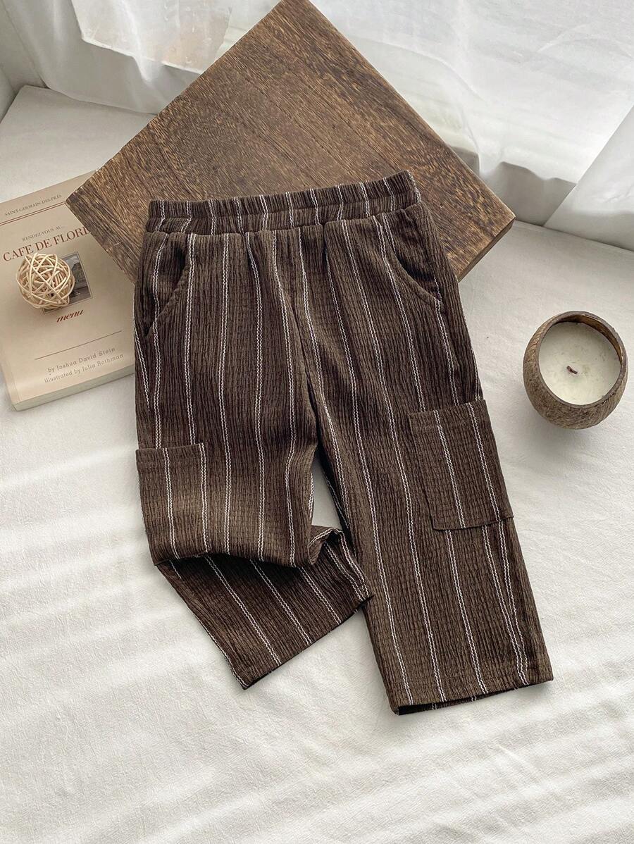 SHEIN Vintaside Kids 男婴条纹裤，百搭舒适，适合任何季节，可搭配任何款式的上衣 - 咖啡棕 - 查看 1