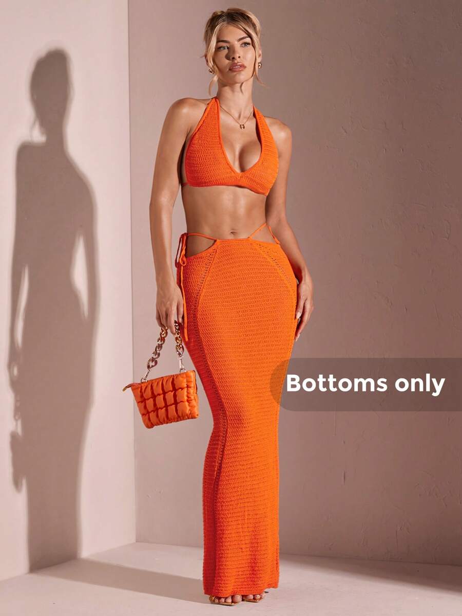 SHEIN BAE Falda larga y delgada de ganchillo elástico y conjuntos de verano para otoño/invierno - Rojo - Ver 1
