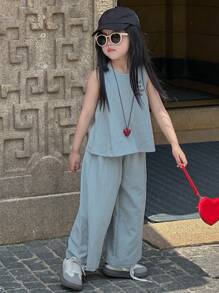 Dazy Kids Young Girl Summer Casual Slogan Embroidery Tank Top And Denim Pants 2-Piece Set