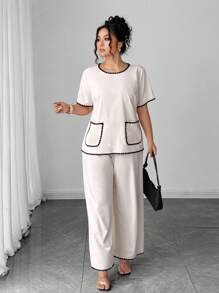 Calvaya Set de 2 piezas conjunto informal de verano elegante y con estilo de color contrastante con bolsillo para vacaciones
