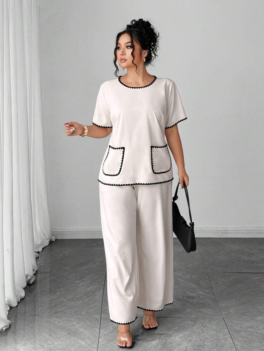 Calvaya Set de 2 piezas conjunto informal de verano elegante y con estilo de color contrastante con bolsillo para vacaciones