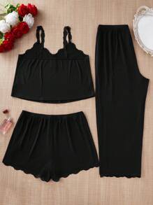SHEIN Plus Size Women 3 Pieces Contrast Lace Spaghetti Strap Pajama Set, Outfits - Black - View 2