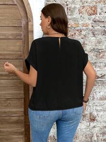 SHEIN LUNE Plus Size Vacation Casual Solid Color Summer Tie Front Blouse, Black Summer Top - Black - View 6