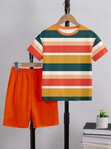 Older Boys' Casual Fashion Colorful Striped Pattern Design Basic Short Sleeve T-Shirt And Shorts Set, Refreshing & Minimalist Style Boy Colorful Clothes Young Boys Pants Big Boys Clothes Summer Clothes - Multicolor - View 5