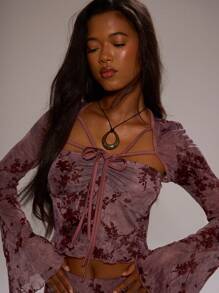 MUSERA 植绒网眼褶皱衬里胸围长喇叭袖短款上衣仅限生日春夏季假期海滩优雅可爱性感俱乐部波西米亚伊比沙岛节日 - 紫色 - 查看 2