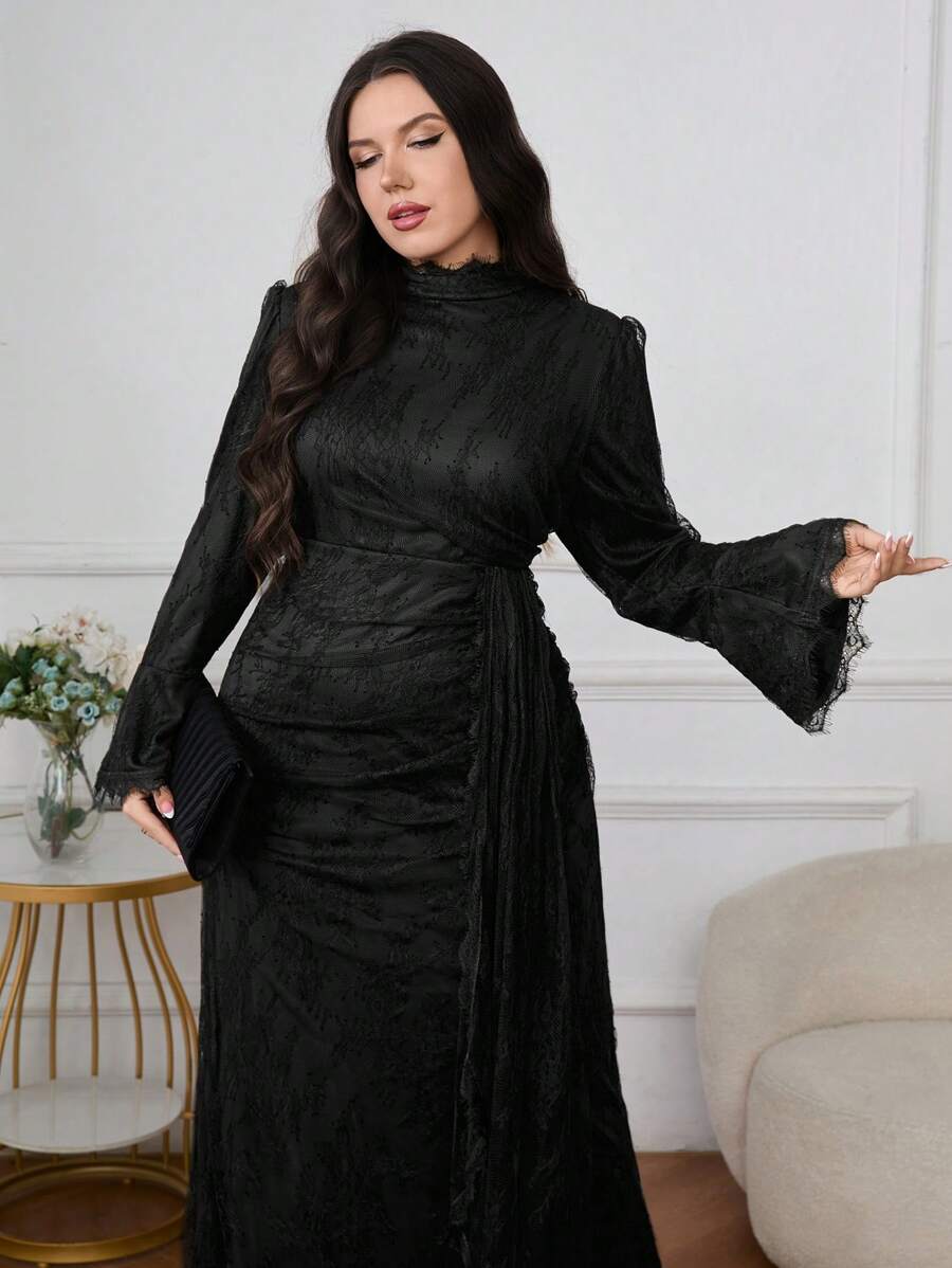 Graceveil 大码女式蕾丝喇叭袖针织优雅端庄奢华阿拉伯连衣裙 - 黑色 - 查看 1