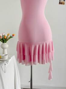 Soleia Women's Colorful Leopard Floral Print Draped Neck Tie Back Bowknot Backless Double Layer Ruffled Hem Mini Vacation Dress - Pink - View 4