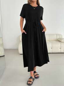 SHEIN Essnce Plus-Size Women's Summer Dress, Short-Sleeved Dress, Black Dress, Casual Women's Clothing Summer Dresses For Women Holiday Dress,Maxi Dress