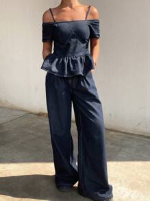 DAZY Women's Ruffle Ruffled Blouse And Wide-Leg Jeans Set - Dark Wash - View 1