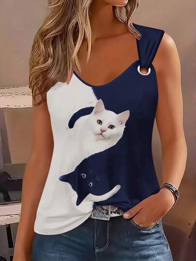 女式拼色猫咪图案休闲夏季背心