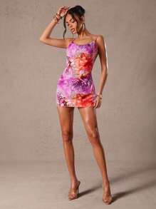Hauture Women's Sexy Leopard Print Floral Backless Strap Mini Dress, Summer - Hot Pink - View 3