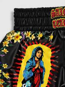 ROMWE MEN Prep 男式花卉印花人物松紧腰宽松拳击短裤 - 黑色 - 查看 3