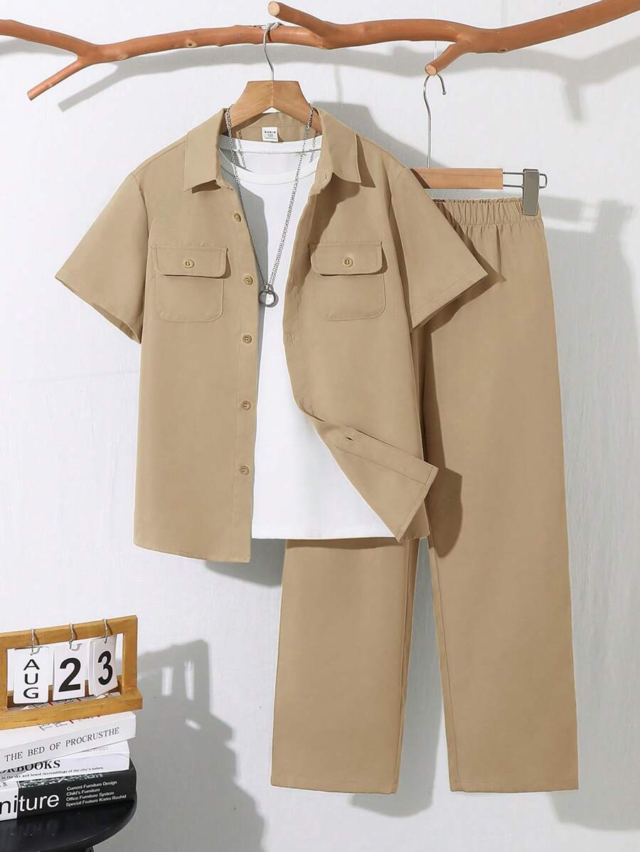 Set de cămașă cu mânecă scurtă și pantaloni cu talie elastică, ocazional, de culoare solidă, cu buzunar frontal, potrivit pentru toamnă, primăvară, vară, joacă în aer liber, școală, fotografie de stradă, petrecere și petrecere a timpului liber