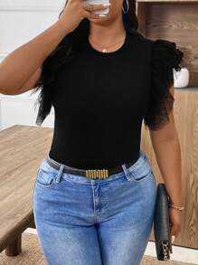 SHEIN Clasi Plus Size Women's Casual Black Crew Neck Short Sleeve T-Shirt, Elegant Summer Color Block Comfortable Fabric Versatile Suitable For Work Commute - Black - View 4