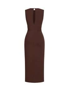 Ellevyn Summer Elegant Women's Solid Color Ruched Metal Decoration Sleeveless Knitted Long Dress, Going Out Outfit Brown