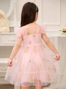Glamorique Kids Young Girls Flower Bridesmaid Dress, Wedding, Flower Girl , Elegant , Pink Embroidered Flowers Dress,Young Girl Summer Dress ,Party Performance,Suitable For Formal Occasions, Stage, Piano Performance, Pink Tulle Dress For Kids, Pink Little Girl Princess Dresses - Pink - View 2