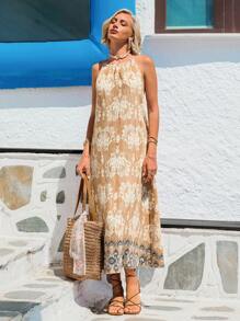 Vivid Eden Women's Summer Vacation Casual  Bohemia  Print Beaded Detail Backless Loose Long Dress,Holiday Outfits ,Summer Outfits,Summer Outfits For Women,Vacation Outfits Woman,Beach Vacation Outfits,Boho Chic - Multicolor - View 4