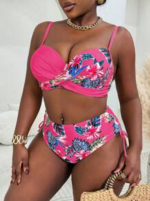 Slaydiva 大码女式两件套随机印花钢圈分体比基尼泳装，休闲度假装