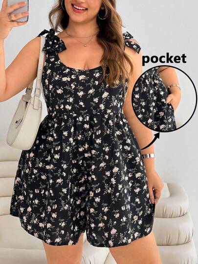 Solflare Plus Size Women's Ditsy Floral Printed Tie-Bow Jumpsuit, Summer Holiday Style Valentine's Day Outfit