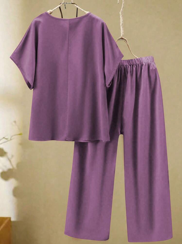 Set de 2 piezas de top de manga corta de cuello redondo y pantalones de unicolor para mujer de talla grande de verano - Morado - Añade 2