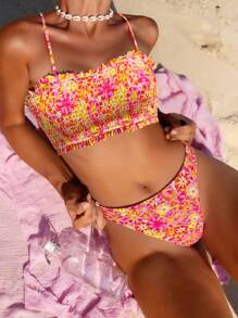 Swim Mod Women's Random Floral Print Spaghetti Strap Ruffle Trim High Cut Sexy Bikini Set, Summer - Multicolor - View 1