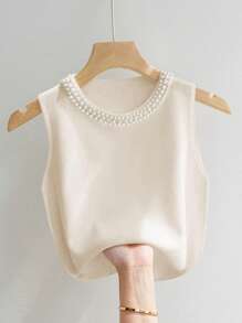 INAWLY Plus Size Solid Color Round Neck Beaded Sleeveless Elegant Tank Top, Summer - Apricot - View 1