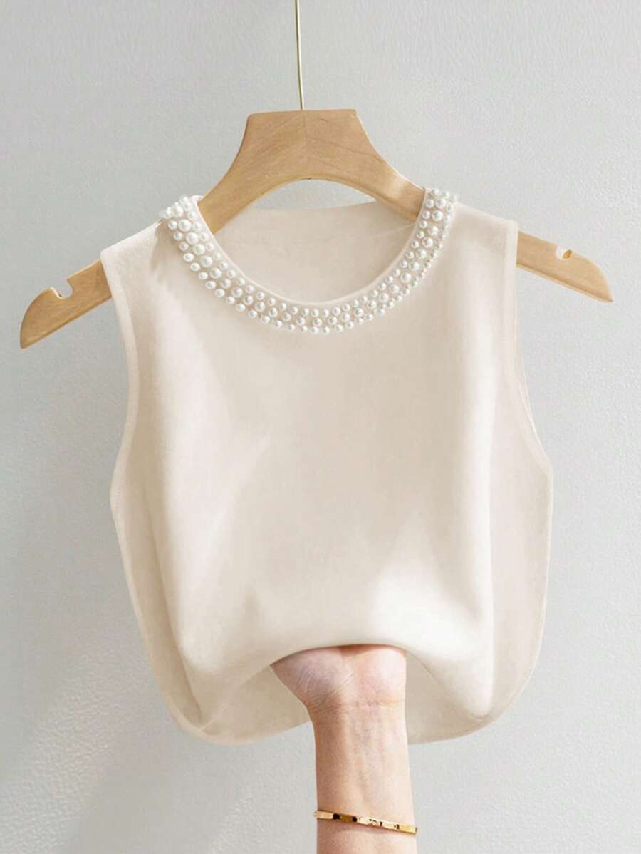INAWLY Plus Size Solid Color Round Neck Beaded Sleeveless Elegant Tank Top, Summer - Apricot - View 1