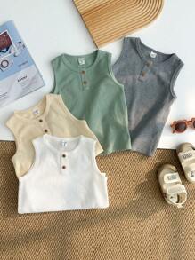 Set de 4 piezas para niños pequeños con top y camisa sin mangas con botones delanteros decorativos y de unicolor cómodo y versátil