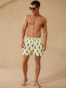 Surfspeed Men's Summer Vacation Style Full Pineapple Print Drawstring Waist Slanted Pocket Beach Shorts, Hawaiian - Apricot - View 5