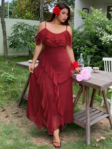 Dazy Plus 加大码红色雪纺荷叶边露肩吊带长裙，适合海滩度假婚礼，秋冬度假女装 - 紅色 - 查看 1