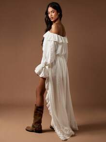 MISSGUIDED Bohemian Off Shoulder High Low Maxi Dress With Ruffle Details Long Sleeve Drawstring Waist Flowing Wedding Guest Party Summer Fall Ball Gown - White - View 2