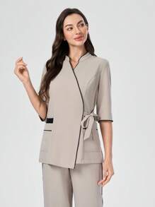 Scrubzie 2pcs Set Nurse Scrub Uniform For Women, Black With Color Block, Wrinkle Resistant Crossover Top And Pants