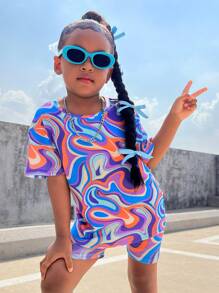 SHEIN Young Girl Casual Knit Colorful Graphic Print Short Sleeve Top And Shorts 2 Pieces Set